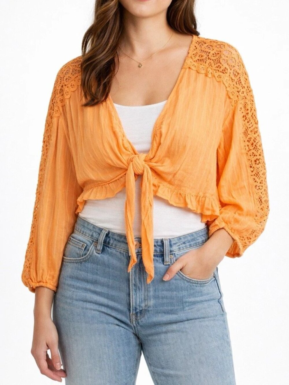 AMERICAN EAGLE Boho Peasant Shirt Long-sleeve Tie-front Crop Top Lace Orange